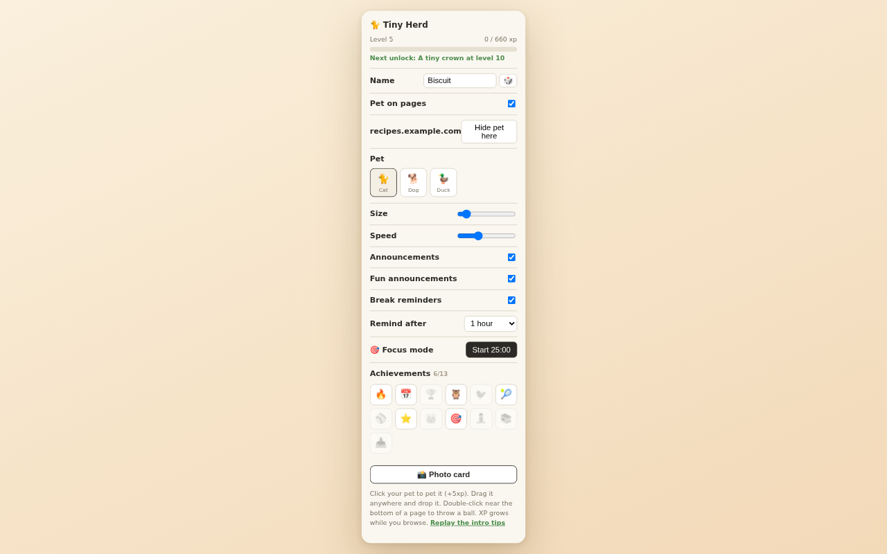 The settings popup